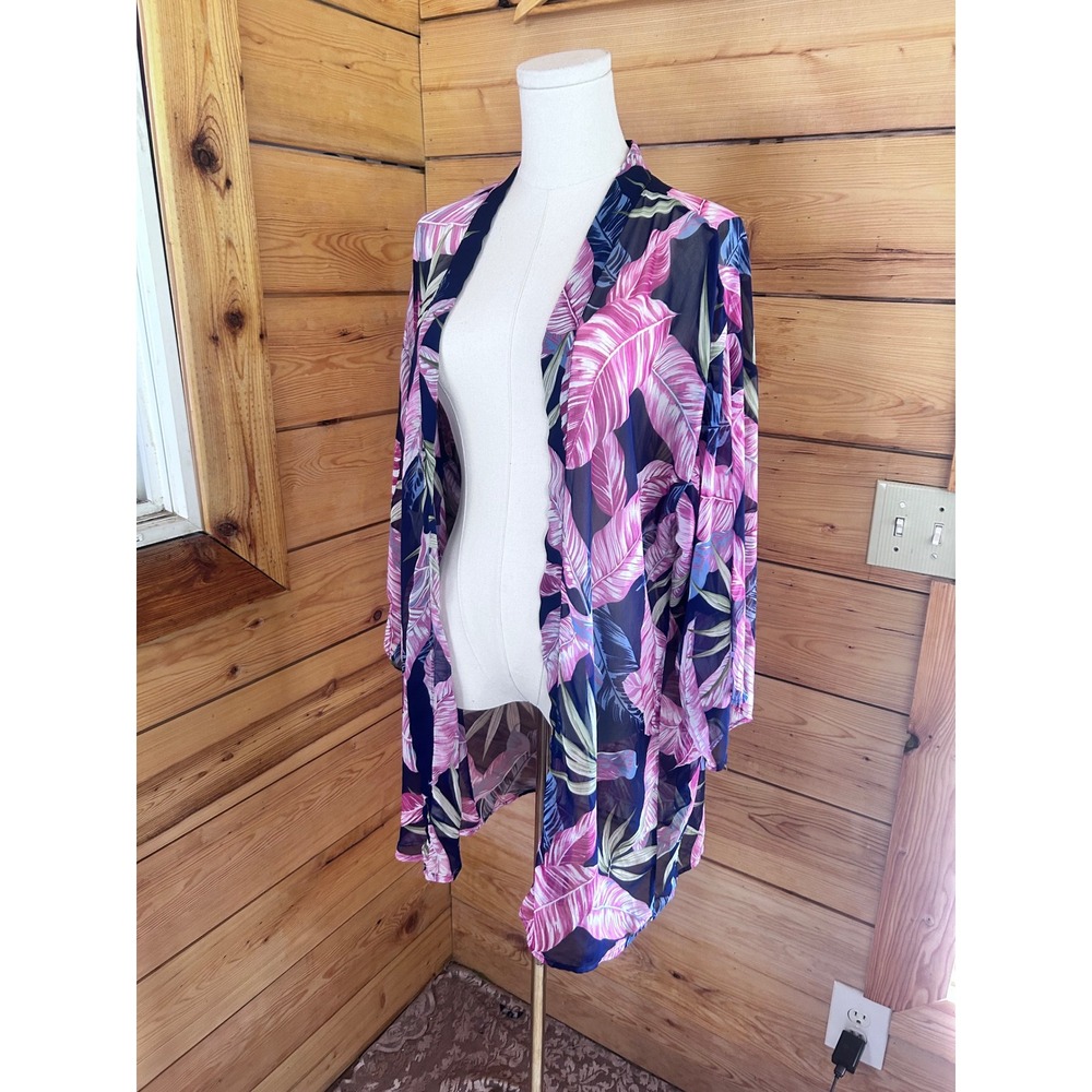 Tropical Banana Leaf Kimono Cardigan Womens Large Pink Navy Blue Duster Emerald